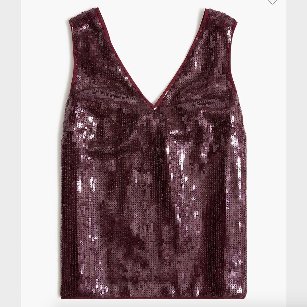 J. Crew NWT Sequin V-Neck Shell in Vintage Burgundy Opaque - Size XS
